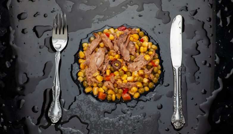 A plate piled high with various junk foods like chips, cookies, and candy.